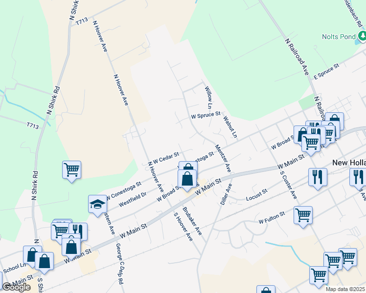 map of restaurants, bars, coffee shops, grocery stores, and more near 301 Oak Avenue in New Holland