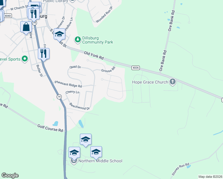 map of restaurants, bars, coffee shops, grocery stores, and more near 44 Pheasant Ridge Road in Dillsburg