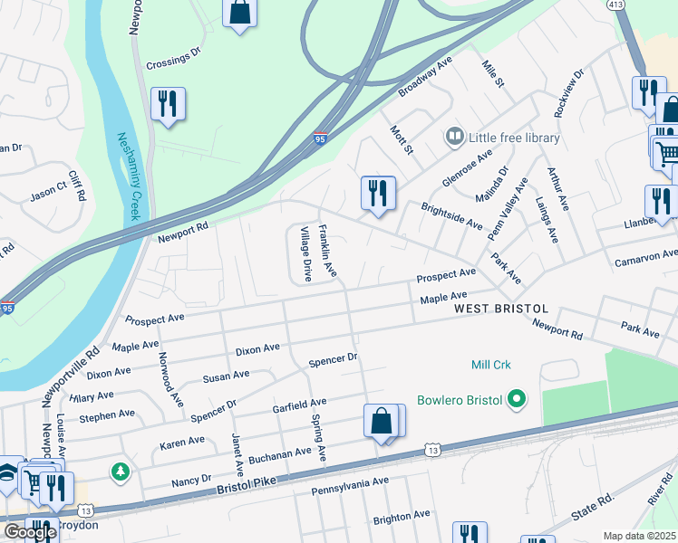 map of restaurants, bars, coffee shops, grocery stores, and more near 1012 Franklin Avenue in Croydon