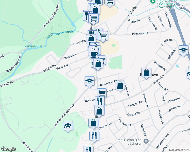 map of restaurants, bars, coffee shops, grocery stores, and more near 5 W Wissahickon Ave in Flourtown