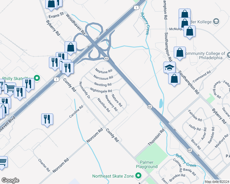 map of restaurants, bars, coffee shops, grocery stores, and more near 2830 Nightingale Road in Philadelphia