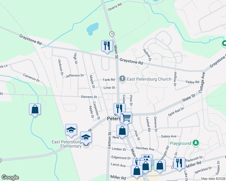 map of restaurants, bars, coffee shops, grocery stores, and more near 1991 Broad Street in East Petersburg