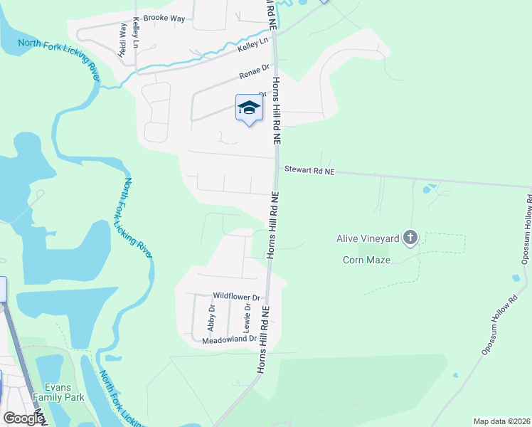 map of restaurants, bars, coffee shops, grocery stores, and more near 3131 Horns Hill Road Northeast in Newark