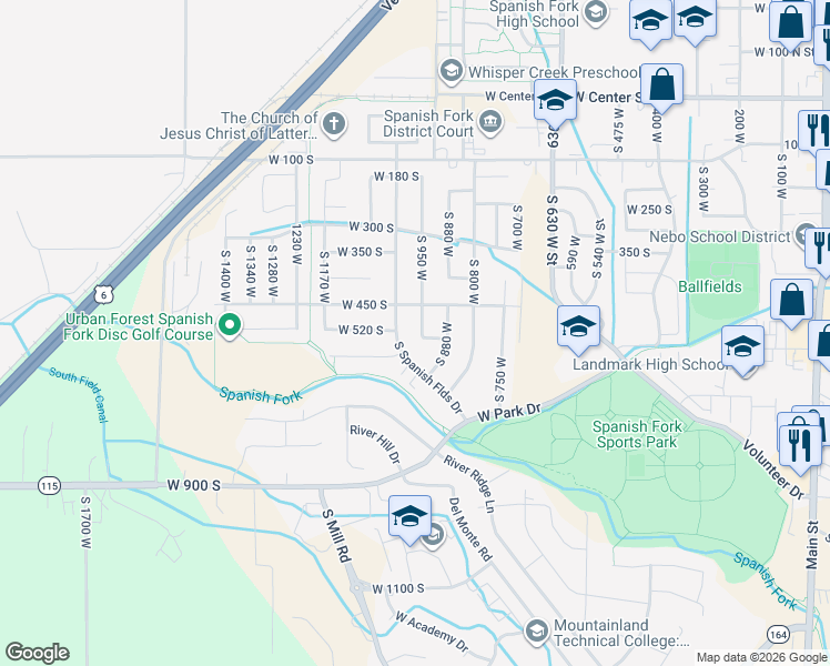 map of restaurants, bars, coffee shops, grocery stores, and more near 951 530 South in Spanish Fork