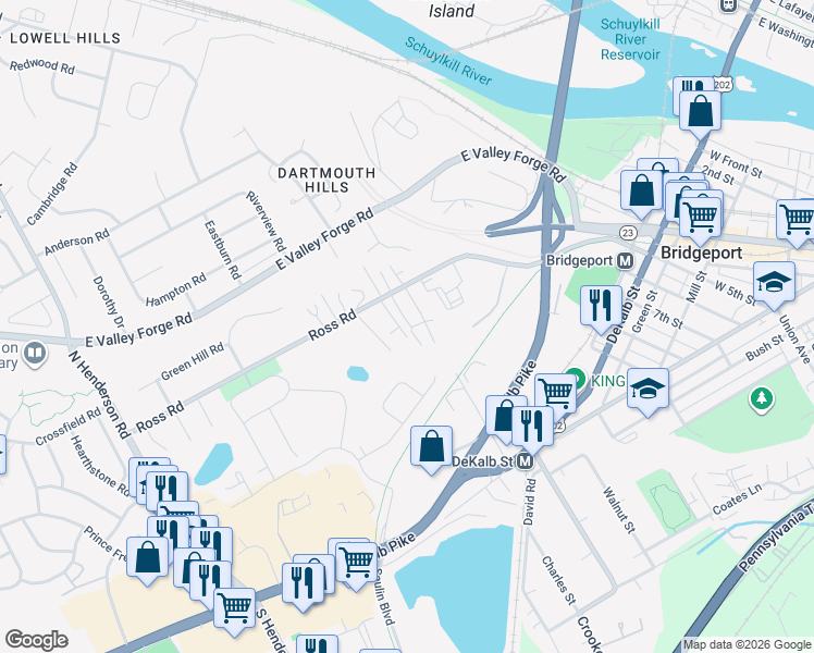 map of restaurants, bars, coffee shops, grocery stores, and more near 359 Ross Road in King of Prussia