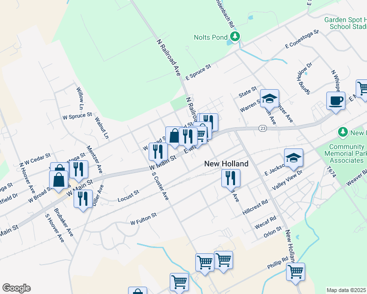 map of restaurants, bars, coffee shops, grocery stores, and more near 100 East Main Street in New Holland