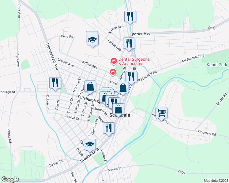map of restaurants, bars, coffee shops, grocery stores, and more near 211 Centennial Way in Scottdale