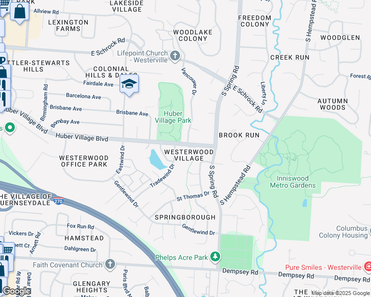 map of restaurants, bars, coffee shops, grocery stores, and more near 395-399 Tradewind Court in Westerville