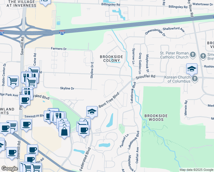 map of restaurants, bars, coffee shops, grocery stores, and more near 147 Bentwood Circle in Columbus