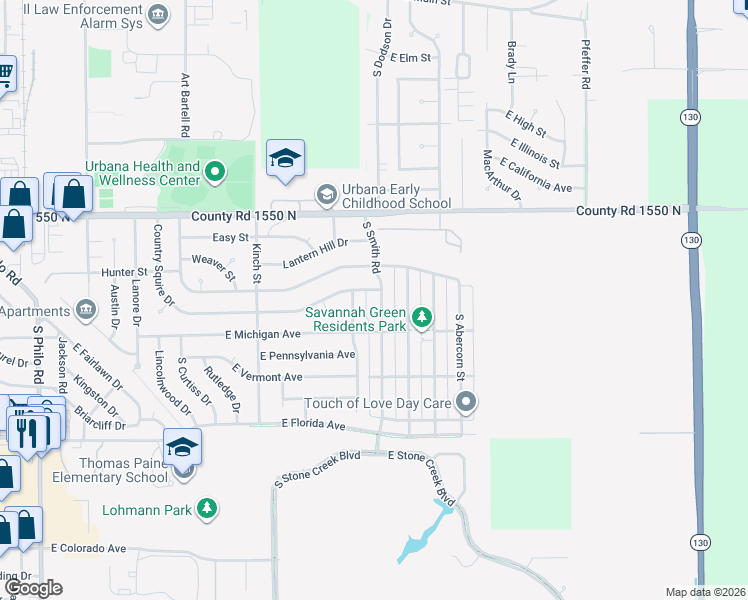 map of restaurants, bars, coffee shops, grocery stores, and more near 1312 South Smith Road in Urbana