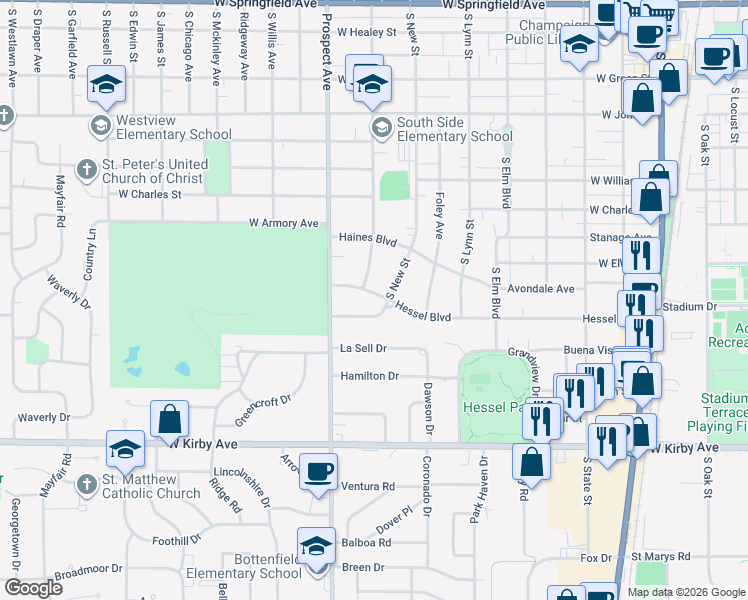 map of restaurants, bars, coffee shops, grocery stores, and more near 702 Fairway Drive in Champaign