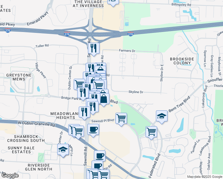 map of restaurants, bars, coffee shops, grocery stores, and more near 7331 Skyline Drive in Columbus