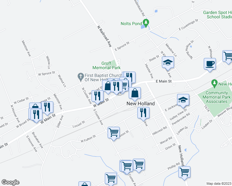 map of restaurants, bars, coffee shops, grocery stores, and more near 117 East Main Street in New Holland