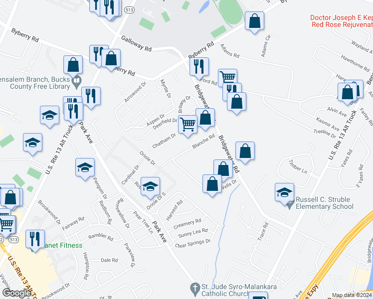 map of restaurants, bars, coffee shops, grocery stores, and more near 4080 Blanche Road in Bensalem