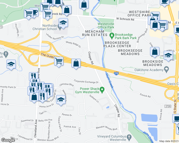 map of restaurants, bars, coffee shops, grocery stores, and more near 3000 Corporate Exchange Drive in Columbus