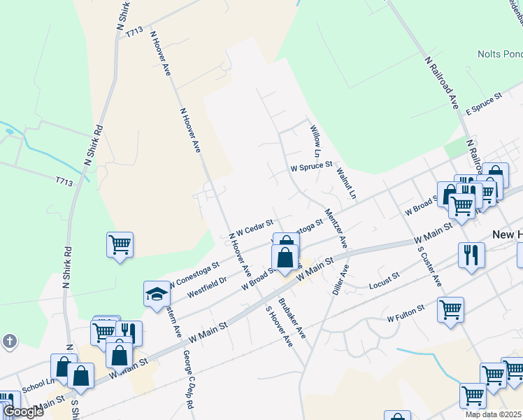 map of restaurants, bars, coffee shops, grocery stores, and more near 411 West Cedar Street in New Holland