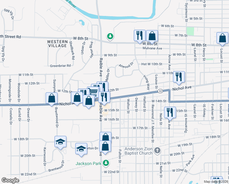 map of restaurants, bars, coffee shops, grocery stores, and more near 2317 West 12th Street in Anderson