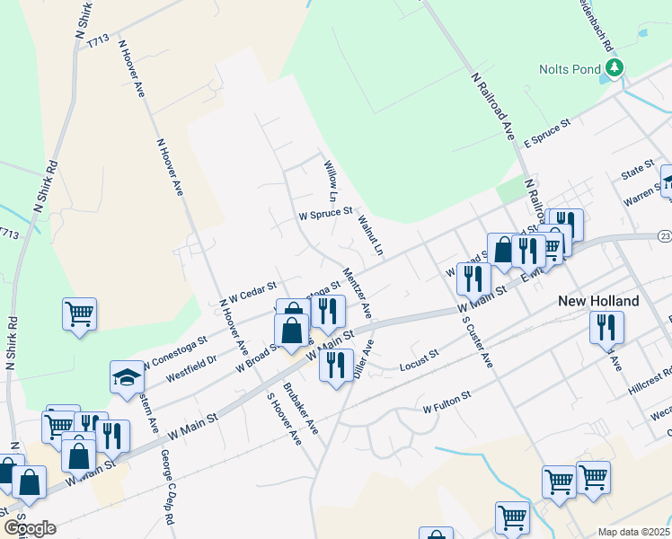 map of restaurants, bars, coffee shops, grocery stores, and more near 327 West Conestoga Street in New Holland