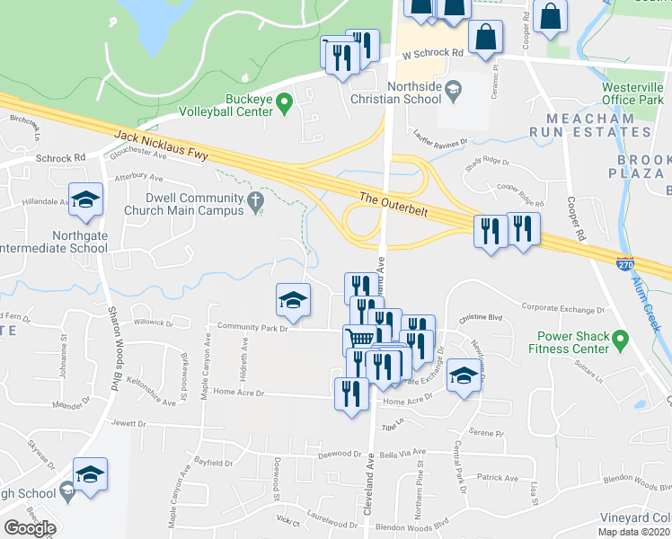 map of restaurants, bars, coffee shops, grocery stores, and more near 20 in Columbus