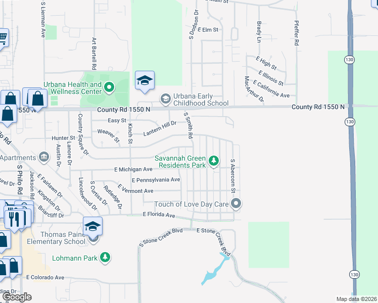 map of restaurants, bars, coffee shops, grocery stores, and more near 1312 South Smith Road in Urbana