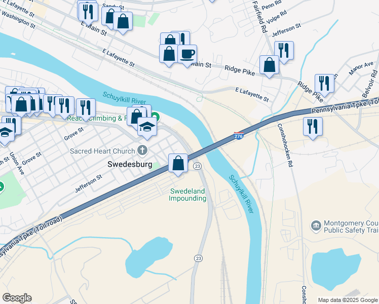 map of restaurants, bars, coffee shops, grocery stores, and more near 738 Pennsylvania 23 in Bridgeport