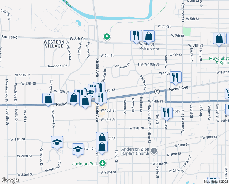 map of restaurants, bars, coffee shops, grocery stores, and more near 2302 Nichol Avenue in Anderson