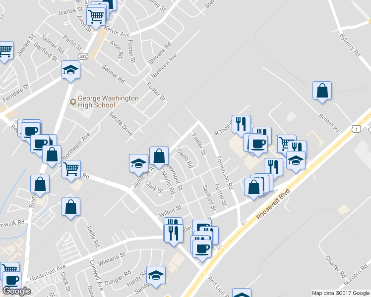 map of restaurants, bars, coffee shops, grocery stores, and more near 1850 Sanford Street in Philadelphia