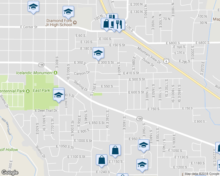 map of restaurants, bars, coffee shops, grocery stores, and more near 1300 East 550 South in Spanish Fork