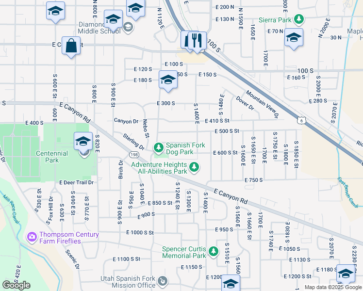 map of restaurants, bars, coffee shops, grocery stores, and more near 1300 East 550 South in Spanish Fork