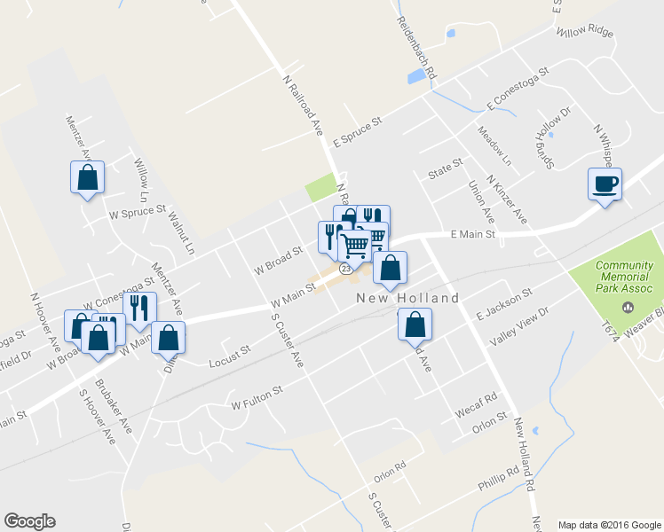 map of restaurants, bars, coffee shops, grocery stores, and more near 113 East Main Street in New Holland