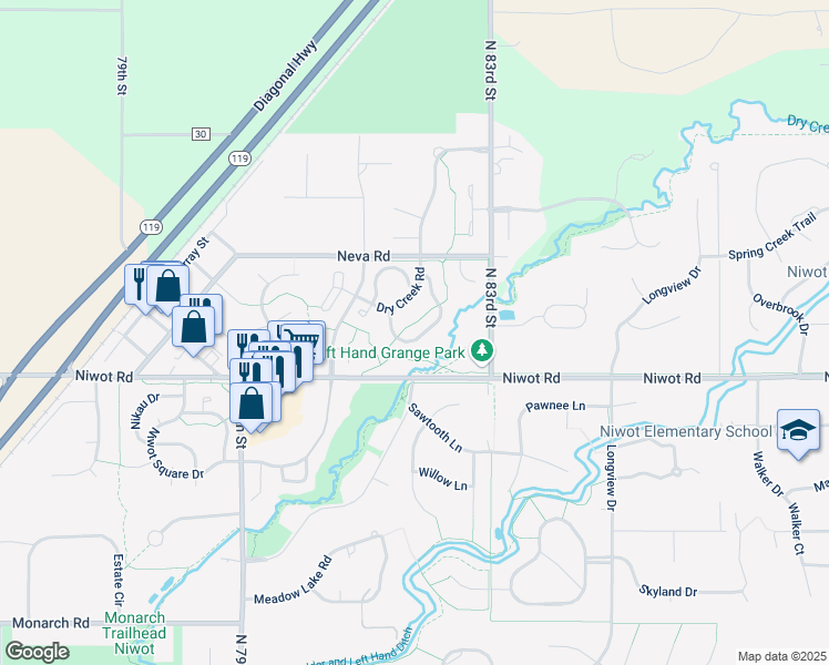 map of restaurants, bars, coffee shops, grocery stores, and more near 7051 Johnson Circle in Longmont