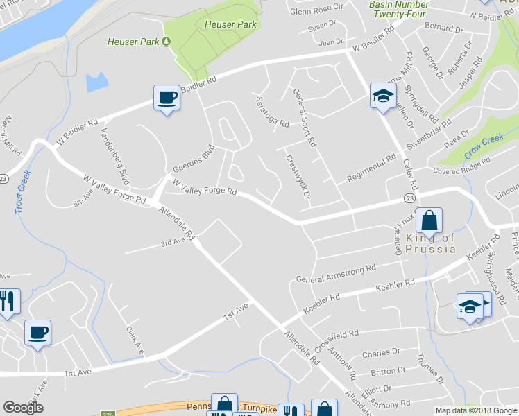 map of restaurants, bars, coffee shops, grocery stores, and more near 625 West Valley Forge Road in King of Prussia