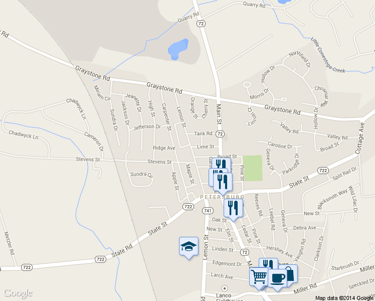 map of restaurants, bars, coffee shops, grocery stores, and more near 6240 Lemon Street in East Petersburg