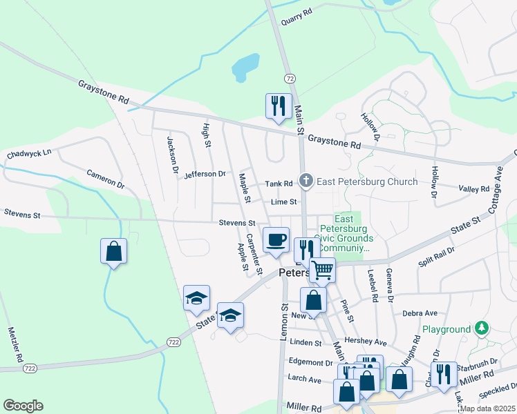 map of restaurants, bars, coffee shops, grocery stores, and more near 6240 Lemon Street in East Petersburg