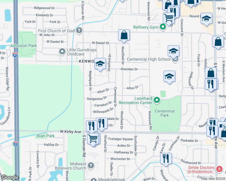 map of restaurants, bars, coffee shops, grocery stores, and more near 2706 Sangamon Drive in Champaign