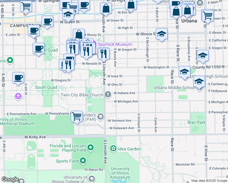 map of restaurants, bars, coffee shops, grocery stores, and more near 802 Indiana Avenue in Urbana