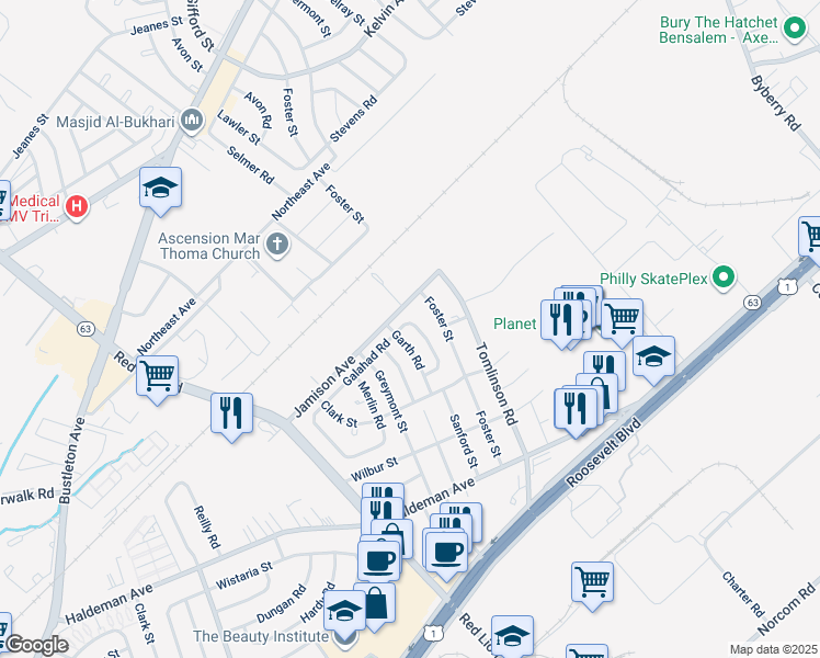 map of restaurants, bars, coffee shops, grocery stores, and more near 1850 Sanford Street in Philadelphia