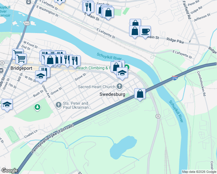 map of restaurants, bars, coffee shops, grocery stores, and more near 803 Coates Street in Bridgeport