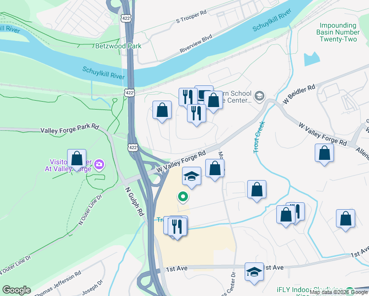 map of restaurants, bars, coffee shops, grocery stores, and more near 1035 West Valley Forge Road in Eagleville