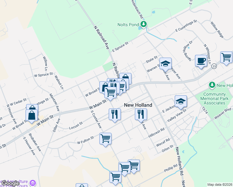 map of restaurants, bars, coffee shops, grocery stores, and more near 132 East Main Street in New Holland