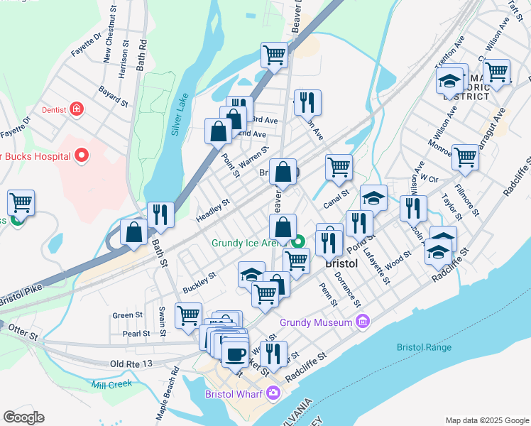 map of restaurants, bars, coffee shops, grocery stores, and more near 618 Beaver Street in Bristol