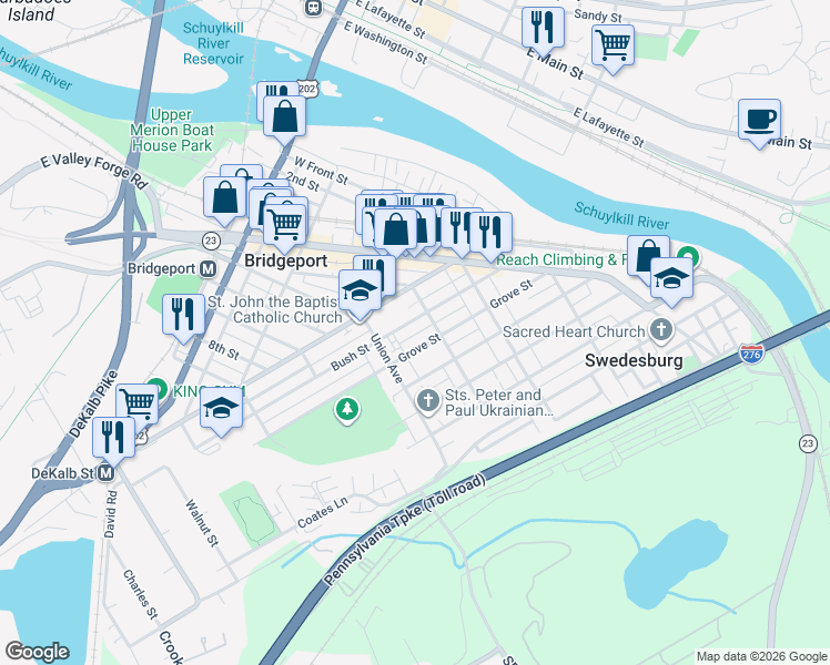 map of restaurants, bars, coffee shops, grocery stores, and more near in Bridgeport