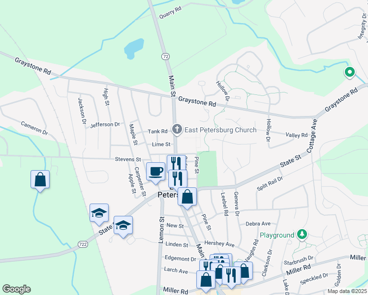 map of restaurants, bars, coffee shops, grocery stores, and more near 2080 Broad Street in East Petersburg