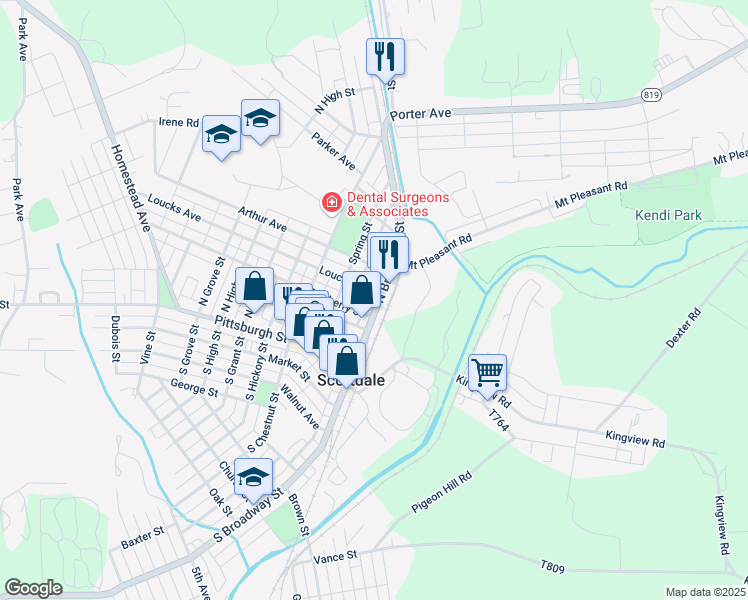 map of restaurants, bars, coffee shops, grocery stores, and more near 300 North Broadway Street in Scottdale