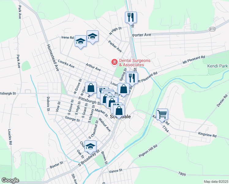 map of restaurants, bars, coffee shops, grocery stores, and more near 105 Spring Street in Scottdale