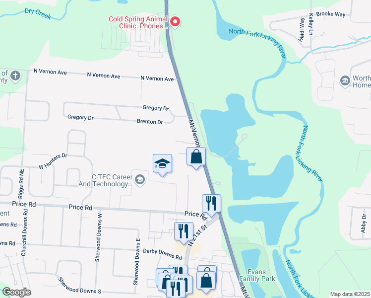 map of restaurants, bars, coffee shops, grocery stores, and more near 1695 Mount Vernon Road in Newark