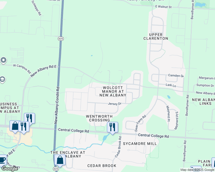 map of restaurants, bars, coffee shops, grocery stores, and more near 5712 Traditions Drive in New Albany