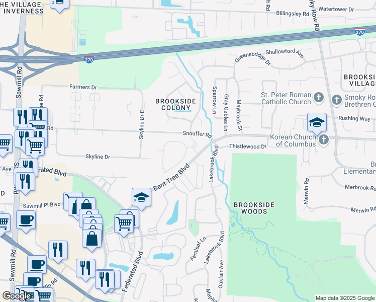 map of restaurants, bars, coffee shops, grocery stores, and more near 2300 Sibby Lane in Columbus
