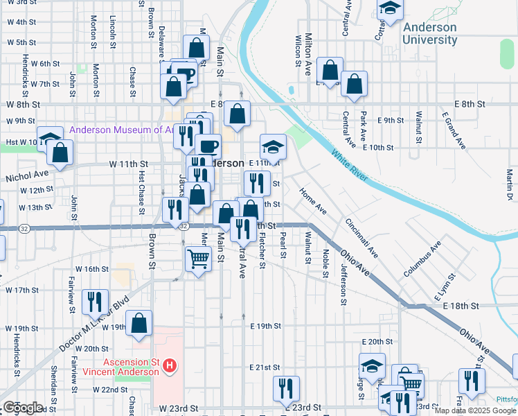 map of restaurants, bars, coffee shops, grocery stores, and more near 1326 Fletcher Street in Anderson