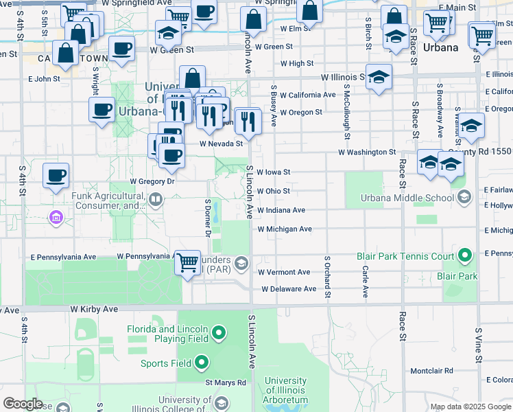 map of restaurants, bars, coffee shops, grocery stores, and more near 1109 South Lincoln Avenue in Urbana